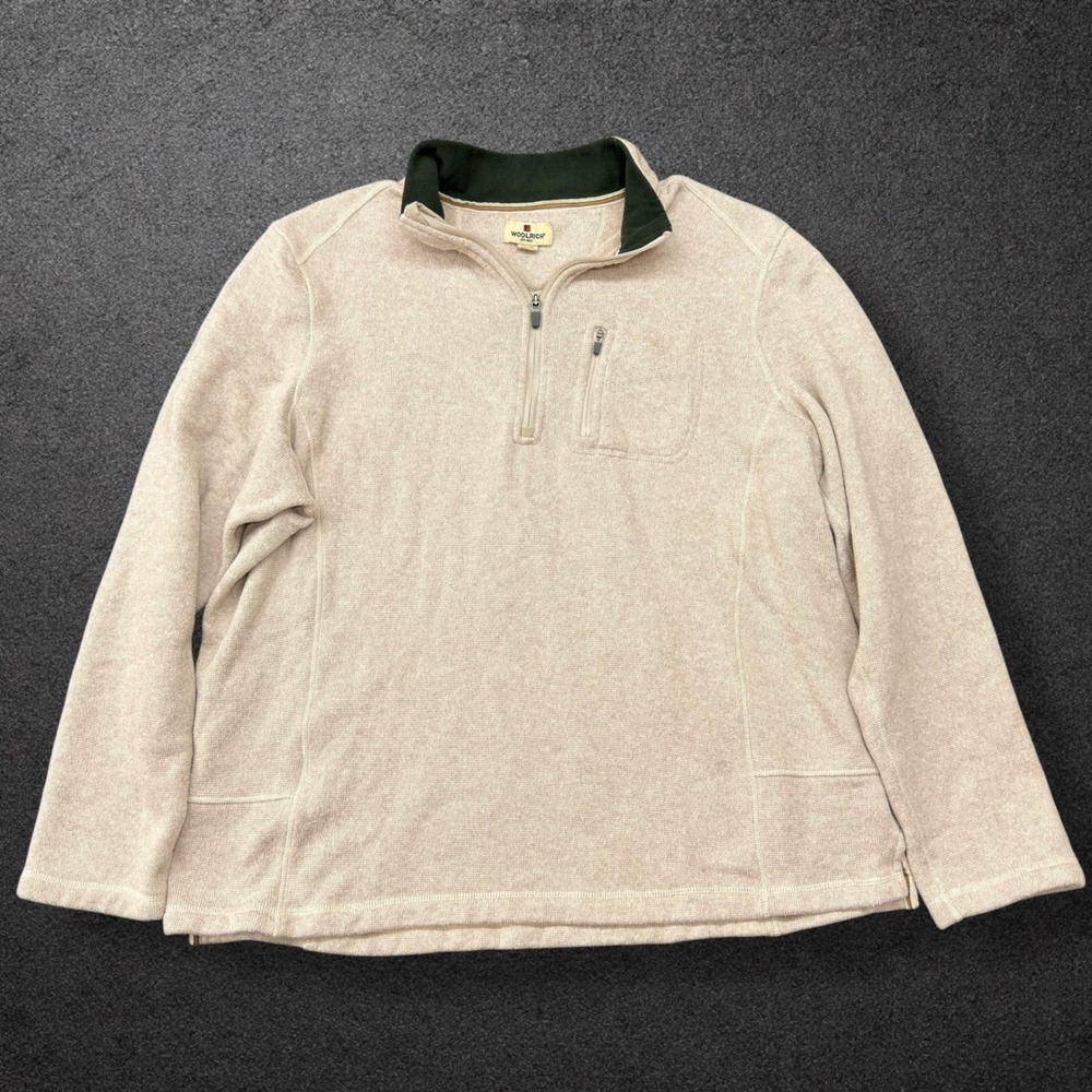 Woolrich Mens XXL Quarter Zip Pullover Sweater Oatmeal Heather Green Trim Fleece